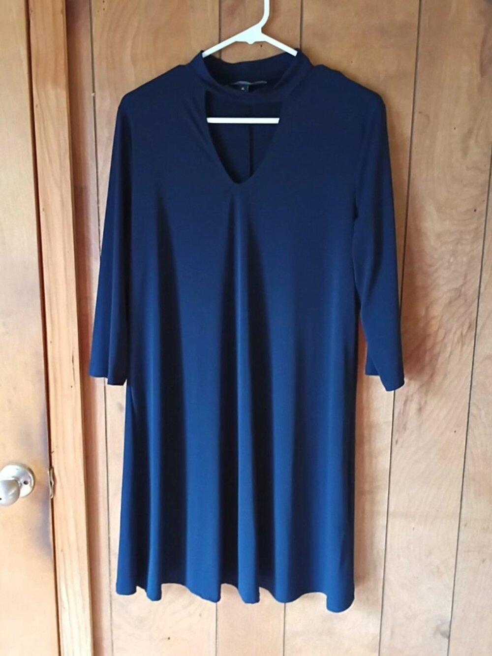 Chetta B Navy Blue Dress XL Made in USA 3/4 Sleeve Keyhole Neck Stretch